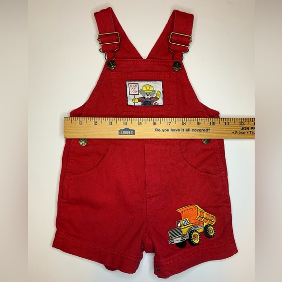 Vintage 1990s Toddler Overalls 12 Months Red Shortalls Construction Theme Cotton - Picture 6 of 10